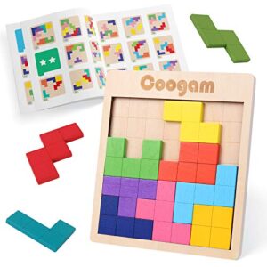 coogam wooden puzzle pattern blocks brain teasers game with 60 challenges, 3d russian building toy wood tangram shape jigsaw puzzles montessori stem educational toys gift for kids adults