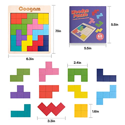 Coogam Wooden Puzzle Pattern Blocks Brain Teasers Game with 60 Challenges, 3D Russian Building Toy Wood Tangram Shape Jigsaw Puzzles Montessori STEM Educational Toys Gift for Kids Adults