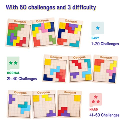 Coogam Wooden Puzzle Pattern Blocks Brain Teasers Game with 60 Challenges, 3D Russian Building Toy Wood Tangram Shape Jigsaw Puzzles Montessori STEM Educational Toys Gift for Kids Adults