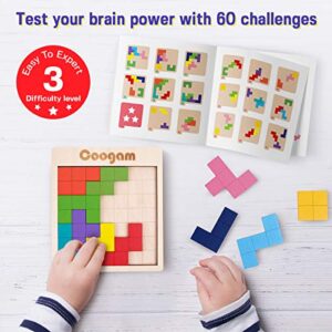 Coogam Wooden Puzzle Pattern Blocks Brain Teasers Game with 60 Challenges, 3D Russian Building Toy Wood Tangram Shape Jigsaw Puzzles Montessori STEM Educational Toys Gift for Kids Adults