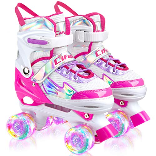 Roller Skates for Girls Boys Kids, Black Pink Purple 4 Sizes Adjustable Kids Roller Skates with Light up Wheels and Shining Upper Design, Roller Skates for Toddler Kids Ages 4-13