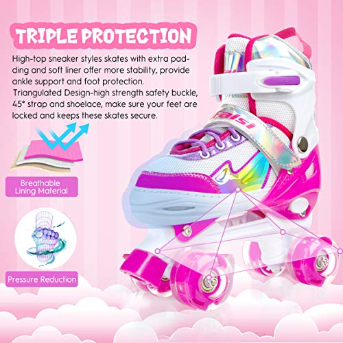 Roller Skates for Girls Boys Kids, Black Pink Purple 4 Sizes Adjustable Kids Roller Skates with Light up Wheels and Shining Upper Design, Roller Skates for Toddler Kids Ages 4-13