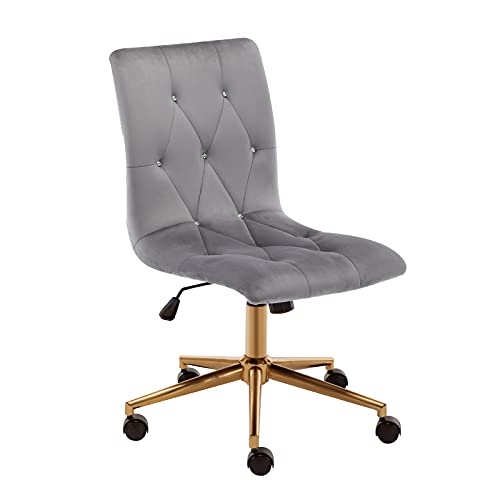 Duhome Armless Home Office Chair, Velvet Tufted Computer Rolling Desk Chair with Back,Adjustable Vanity Chair with Wheels,Grey