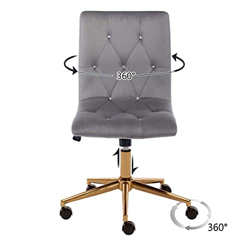 Duhome Armless Home Office Chair, Velvet Tufted Computer Rolling Desk Chair with Back,Adjustable Vanity Chair with Wheels,Grey