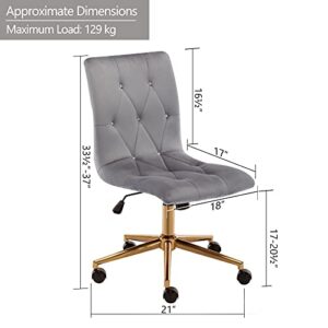 Duhome Armless Home Office Chair, Velvet Tufted Computer Rolling Desk Chair with Back,Adjustable Vanity Chair with Wheels,Grey