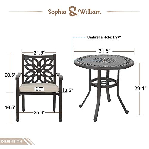 Sophia & William Patio 3 Pieces Cast Aluminum Bistro Bar Set with 2 Chairs and 1 Round Table, Outdoor Dining Conversation Furniture with 1.97" Umbrella Hole, Antique Bronze