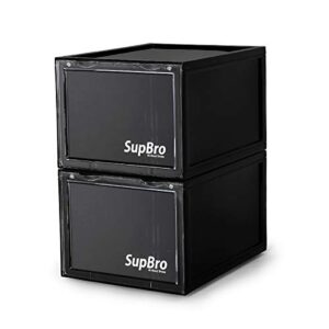 supbro collection crate - easy access storage shoes box -plastic foldable stackable sneaker display storage with clear front door organizer-2 pack (black)
