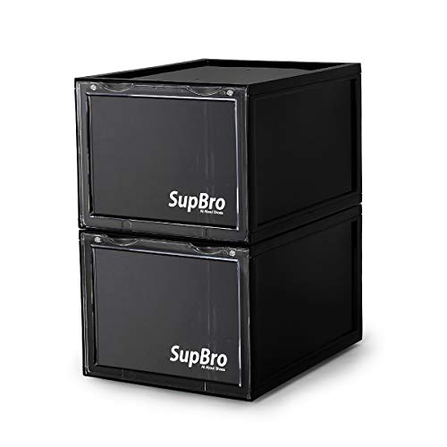 SupBro Collection Crate - Easy Access Storage Shoes Box -Plastic Foldable Stackable Sneaker Display Storage with Clear Front Door Organizer-2 Pack (Black)