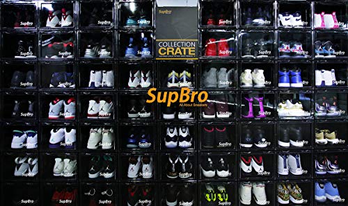 SupBro Collection Crate - Easy Access Storage Shoes Box -Plastic Foldable Stackable Sneaker Display Storage with Clear Front Door Organizer-2 Pack (Black)