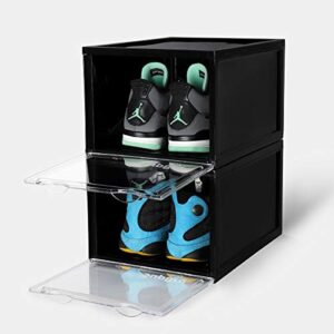 SupBro Collection Crate - Easy Access Storage Shoes Box -Plastic Foldable Stackable Sneaker Display Storage with Clear Front Door Organizer-2 Pack (Black)