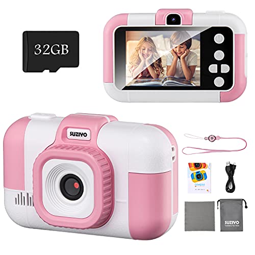 SUZIYO Kids Camera, Children Digital Selfie Video Camcorder 1080P Dual Lens 2.4 Inch HD, Birthday Christmas Electronic Gifts Toys for Age 3-9 Years Old Toddlers Girls & Boys (with 32G TF Card,Pink)