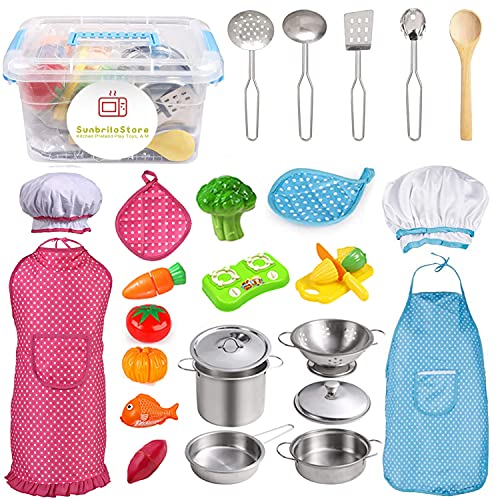 Kids Kitchen Pretend Play Toys,Cooking Set with Stainless Steel Cookware Pots and Pans Set,Cooking Utensils,Apron,Chef Hat,and Cutting Vegetables Play Cooking Set, Toddlers & Children Boys Girls