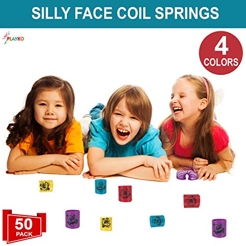 1.38 Inch Coil Springs - Bulk Pack of 50 Spring Toys - Fun Emoji Toys - Mini Springs in Assorted Colors and Silly Faces - Spring Set Party Favors for Kids, Carnival Prizes, Gift Bag Filler
