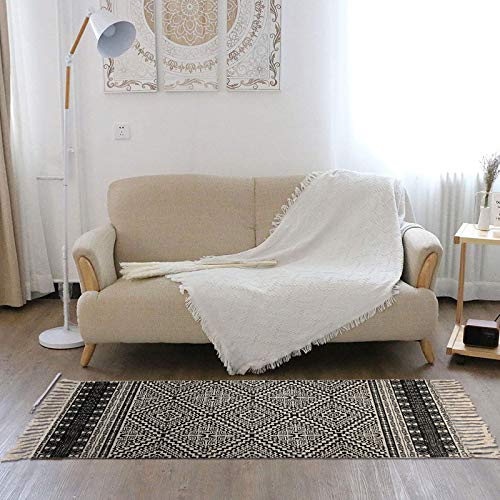 famibay Cotton Boho Rug 2x3+2x4.2Ft Black and Cream Diamond Symmetry Kilim Printed Woven Area Throw Rug with Tassels Accent Small Boho Rug for Entryway Laundry Bedroom Dorm