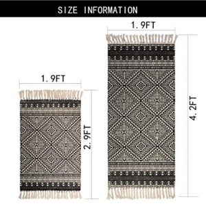 famibay Cotton Boho Rug 2x3+2x4.2Ft Black and Cream Diamond Symmetry Kilim Printed Woven Area Throw Rug with Tassels Accent Small Boho Rug for Entryway Laundry Bedroom Dorm