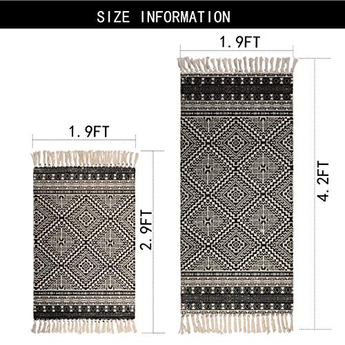 famibay Cotton Boho Rug 2x3+2x4.2Ft Black and Cream Diamond Symmetry Kilim Printed Woven Area Throw Rug with Tassels Accent Small Boho Rug for Entryway Laundry Bedroom Dorm