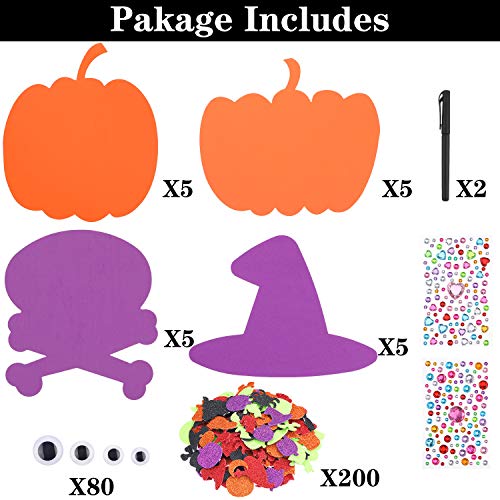 Outus 20 Big and 200 Small Kits 7.8 Inch Big Foam Halloween Decorations DIY Pumpkin Craft Kits Assorted Foam Pumpkin Shapes with Rhinestone Stickers for Kids Halloween Decoration and Games