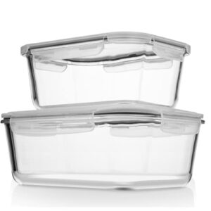 large glass food storage containers 4 pc (2700ml/ 91 oz & 1520ml/ 51 oz) airtight glass storage containers, leak proof bpa free food storage containers glass (2 lids 2 containers) oven to freezer safe