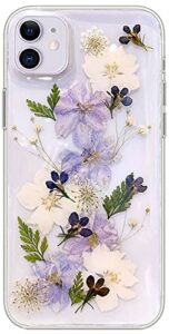 abbery for iphone 11 flower case, clear soft tpu flexible rubber pressed dry real flowers case blue white flower case for iphone 11 (navy flower)