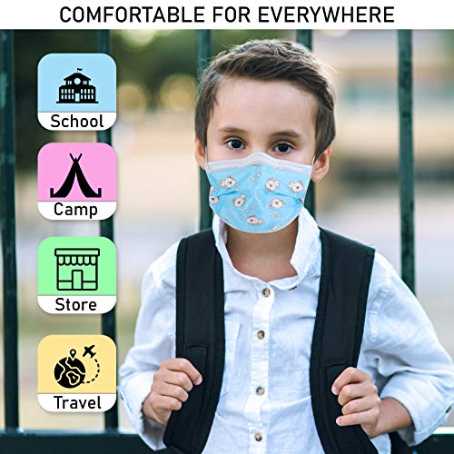 Hannah Linen Kids Disposable Face Masks - 50 Pieces Pack - 3 PLY, Breathable & Comfortable - For Daily Use - Indoor & Outdoor (50, Blue Design)