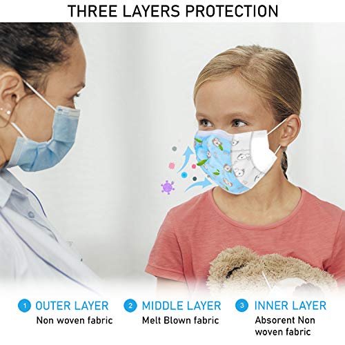 Hannah Linen Kids Disposable Face Masks - 50 Pieces Pack - 3 PLY, Breathable & Comfortable - For Daily Use - Indoor & Outdoor (50, Blue Design)