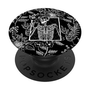 Black & White Skeleton Floral Pattern Skull drinking Coffee PopSockets Grip and Stand for Phones and Tablets