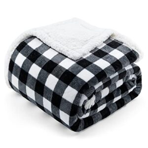 beautex sherpa fleece flannel throw blanket, super soft warm buffalo plaid plush blankets and throws, lightweight cozy fuzzy blanket for couch sofa bed (black, throw 50" x 60")