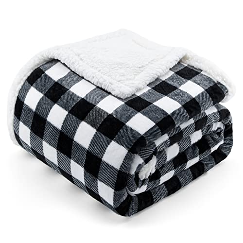 BEAUTEX Sherpa Fleece Flannel Throw Blanket, Super Soft Warm Buffalo Plaid Plush Blankets and Throws, Lightweight Cozy Fuzzy Blanket for Couch Sofa Bed (Black, Throw 50" x 60")