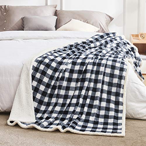 BEAUTEX Sherpa Fleece Flannel Throw Blanket, Super Soft Warm Buffalo Plaid Plush Blankets and Throws, Lightweight Cozy Fuzzy Blanket for Couch Sofa Bed (Black, Throw 50" x 60")