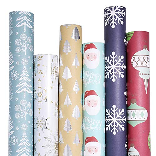 UNIQOOO 6 Festive Designs Christmas Wrapping Paper Precut Sheets, Each 39.4 x17 Inch- Blue Silver Brown Kraft Metallic Foil Gift Wrap, Santa Claus, Christmas Ornaments, Snowflake, Tree, Family Bundle for Kids, Her & Him, 18 Sheets