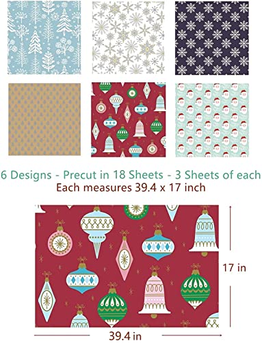 UNIQOOO 6 Festive Designs Christmas Wrapping Paper Precut Sheets, Each 39.4 x17 Inch- Blue Silver Brown Kraft Metallic Foil Gift Wrap, Santa Claus, Christmas Ornaments, Snowflake, Tree, Family Bundle for Kids, Her & Him, 18 Sheets