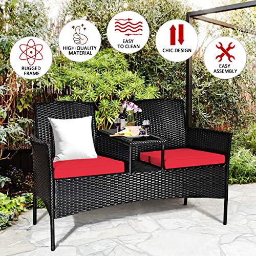 Tangkula Wicker Patio Conversation Furniture Set, Outdoor Furniture Set with Removable Cushions & Table, Tempered Glass Top, Modern Rattan Bench for Garden Lawn Backyard (Red)