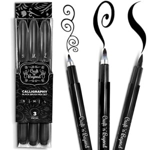 craft 'n' beyond calligraphy brush pens pack of 3 small, medium and large markers for hand lettering, art drawing, sketching, scrapbooking, journaling - beginner kit with fadeproof black ink