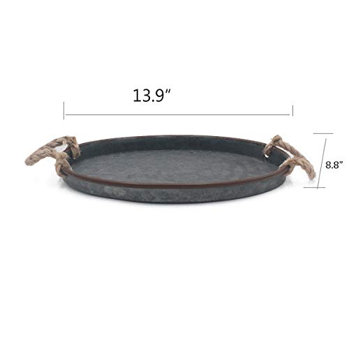 Funerom 13.9X 8.8 inch Galvanized Metal Oval Tray with Rope Handle，Farmhouse Serving Tray.