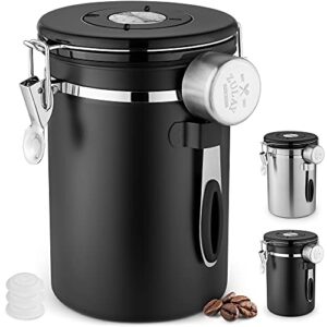 zulay 21oz coffee canister for ground coffee - stainless steel coffee canisters with scoop holder & date tracker - airtight coffee container & coffee storage for coffee jar, tea, sugar, flour (black)