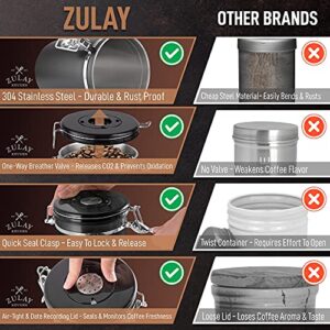 Zulay 21oz Coffee Canister For Ground Coffee - Stainless Steel Coffee Canisters With Scoop Holder & Date Tracker - Airtight Coffee Container & Coffee Storage For Coffee Jar, Tea, Sugar, Flour (Black)