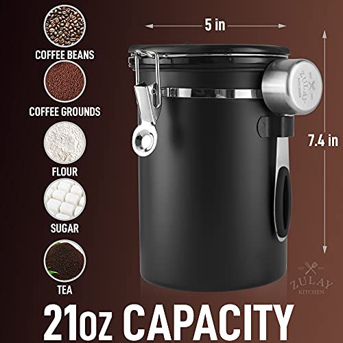 Zulay 21oz Coffee Canister For Ground Coffee - Stainless Steel Coffee Canisters With Scoop Holder & Date Tracker - Airtight Coffee Container & Coffee Storage For Coffee Jar, Tea, Sugar, Flour (Black)