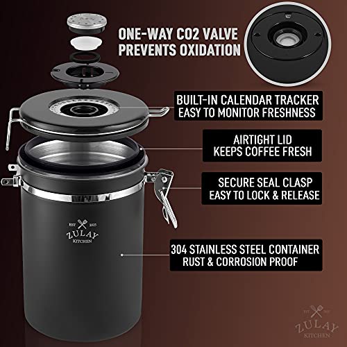 Zulay 21oz Coffee Canister For Ground Coffee - Stainless Steel Coffee Canisters With Scoop Holder & Date Tracker - Airtight Coffee Container & Coffee Storage For Coffee Jar, Tea, Sugar, Flour (Black)