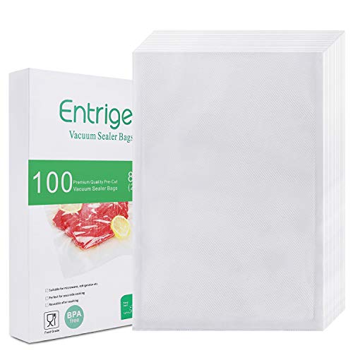 Entrige Vacuum Sealer Bags for Food, 8 X 12 Inches Pre-cut Vacuum Sealer Bags, BPA-Free Vacuum Food Storage Bags for Sous Vide Vac Seal, Commercial Grade, Embossed Seal A Meal Bags Rolls (100 Pcs)