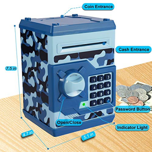 SAOJAY Kids Money Bank, Electronic Password Piggy Bank Mini ATM Cash Coin Money Box for Kids Birthday Toy for Children (Camouflage Blue)