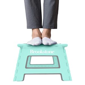 Brookstone BKH1101 9” Folding Step Stool, Non-Slip Textured Grip Surface, Foldable Space Saving Design, Carrying Handle, Holds Up to 300 Pounds, Mint