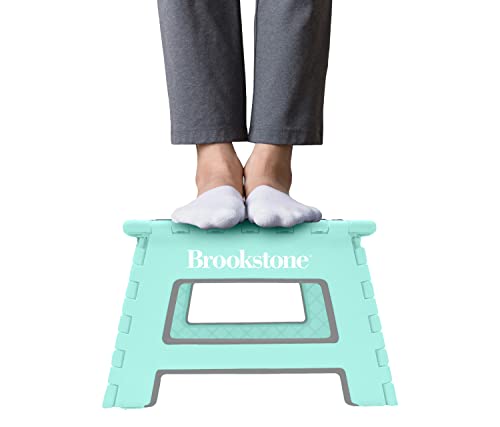 Brookstone BKH1101 9” Folding Step Stool, Non-Slip Textured Grip Surface, Foldable Space Saving Design, Carrying Handle, Holds Up to 300 Pounds, Mint