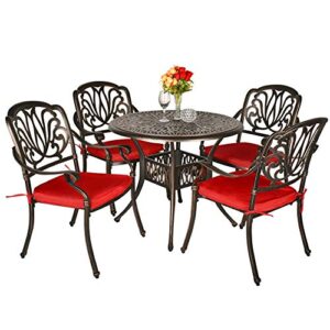 titimo 5 piece all-weather cast aluminum outdoor patio deck dining set w/round table and 4 chairs, red cushions, umbrella hole - deep bronze