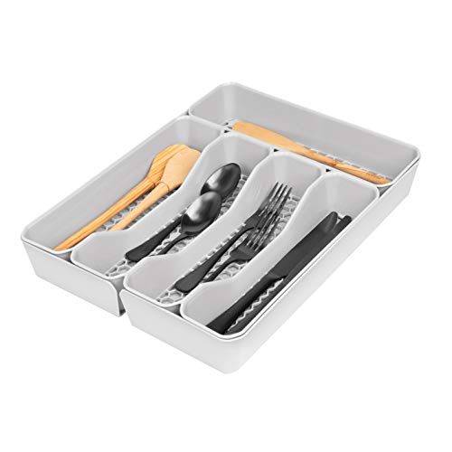 Spectrum Diversified Hexa 5-Divider Silverware Buildup-Resistant Drawer Organizer & Utensil Holder with Locking Expandable Wings, Easy-to-Clean Modern Kitchen Storage & Cutlery Tray, Stone Gray