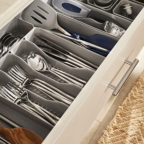 Spectrum Diversified Hexa 5-Divider Silverware Buildup-Resistant Drawer Organizer & Utensil Holder with Locking Expandable Wings, Easy-to-Clean Modern Kitchen Storage & Cutlery Tray, Stone Gray