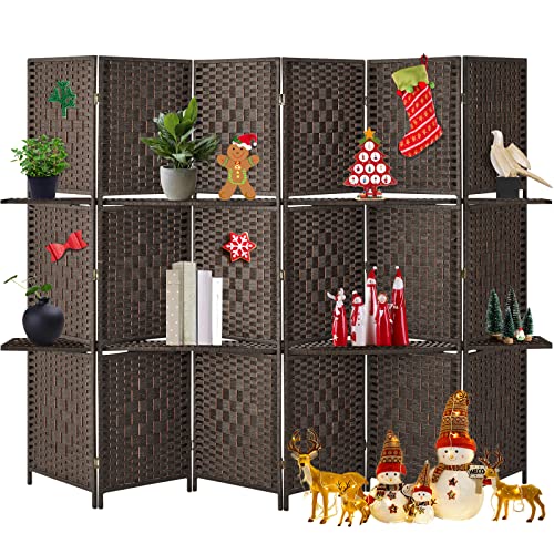 Esright 6 Panel Room Divider, 6 FT Tall&Extra Wide Weave Fiber Room Divider with Shelves, Folding Wall Dividers with Double Hinged for Room,Freestanding Room Separator, Coffee