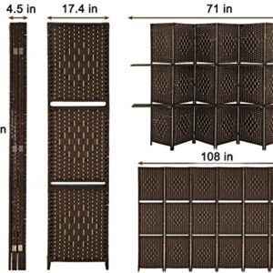 Esright 6 Panel Room Divider, 6 FT Tall&Extra Wide Weave Fiber Room Divider with Shelves, Folding Wall Dividers with Double Hinged for Room,Freestanding Room Separator, Coffee