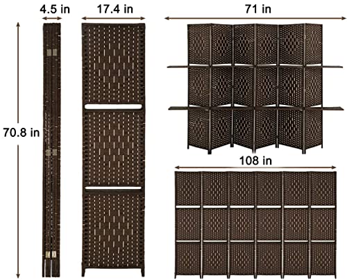 Esright 6 Panel Room Divider, 6 FT Tall&Extra Wide Weave Fiber Room Divider with Shelves, Folding Wall Dividers with Double Hinged for Room,Freestanding Room Separator, Coffee