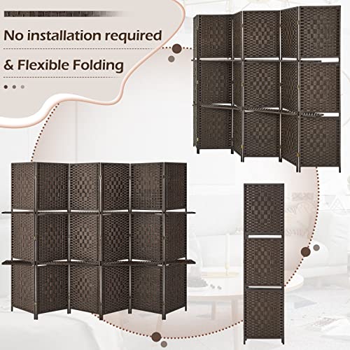 Esright 6 Panel Room Divider, 6 FT Tall&Extra Wide Weave Fiber Room Divider with Shelves, Folding Wall Dividers with Double Hinged for Room,Freestanding Room Separator, Coffee