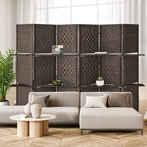 Esright 6 Panel Room Divider, 6 FT Tall&Extra Wide Weave Fiber Room Divider with Shelves, Folding Wall Dividers with Double Hinged for Room,Freestanding Room Separator, Coffee